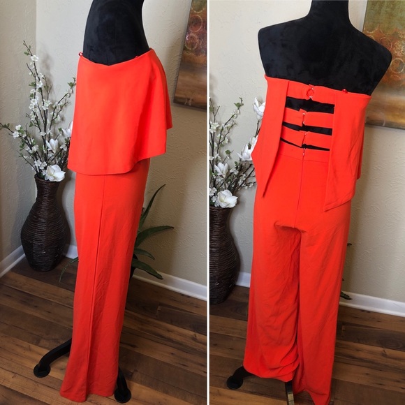 Molly Green Coral Red Strapless Wide Leg Jumpsuit - Picture 9 of 10